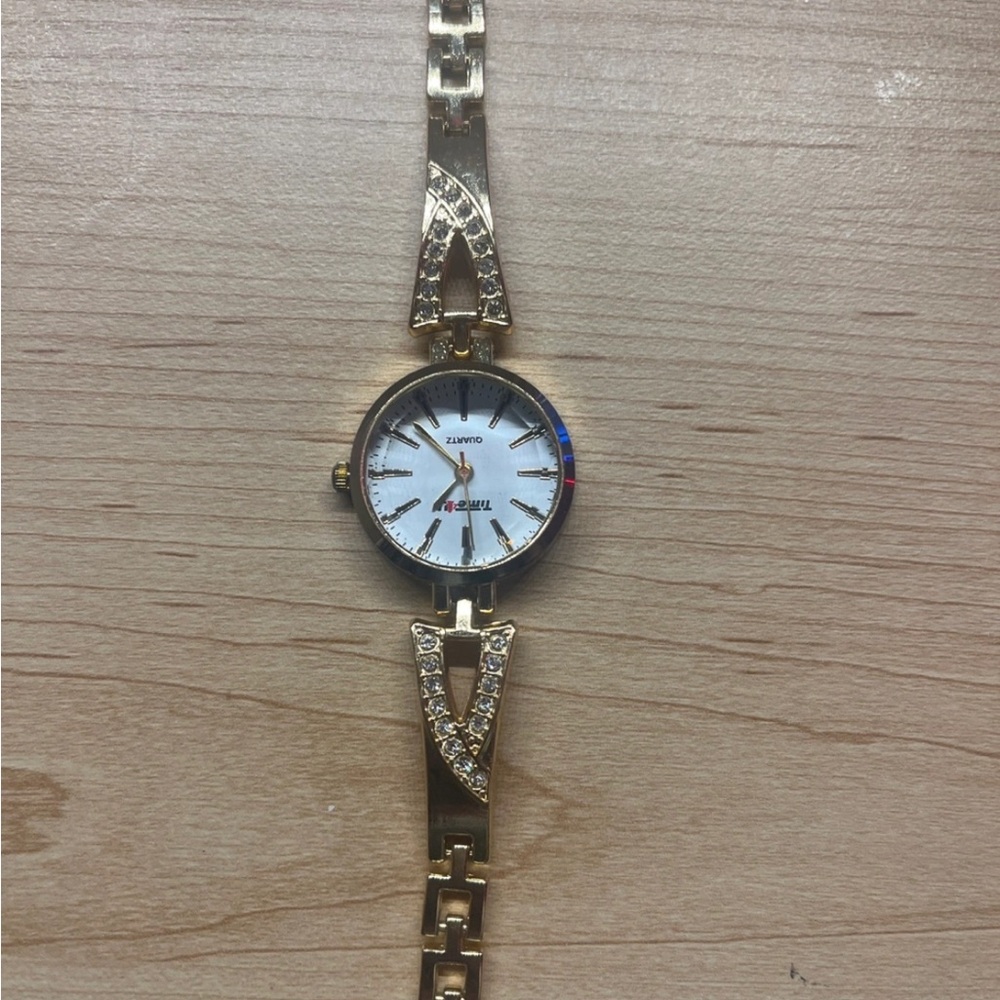 Timex Gold and White Women's Watch with Rhinestones